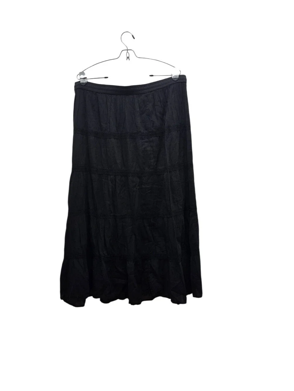 Laddi Black Crinkle Cotton Tiered Midi Skirt Drawstring Waist One Size Boho